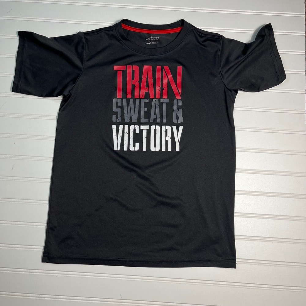 BCG Kids Black Graphic T Shirt Train‎ Sweat Victory Activewear Top Size L 14-16